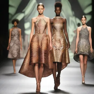 The fashion runway showcased a collection of elegant dresses with elaborate prints resembling the unique patterns found on the bark of a brazil-nut tree.
