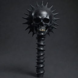 Create an image of a menacing death mace. It's ominously dark, with skull motifs and eerie, dark energy swirling around the spiked ball at the end of the handle.