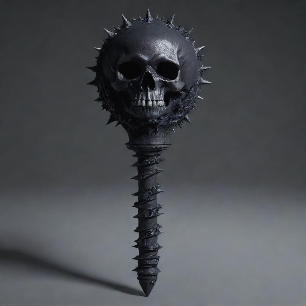 Create an image of a menacing death mace. It's ominously dark, with skull motifs and eerie, dark energy swirling around the spiked ball at the end of the handle.