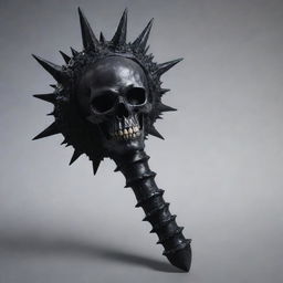 Create an image of a menacing death mace. It's ominously dark, with skull motifs and eerie, dark energy swirling around the spiked ball at the end of the handle.