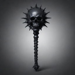 Create an image of a menacing death mace. It's ominously dark, with skull motifs and eerie, dark energy swirling around the spiked ball at the end of the handle.