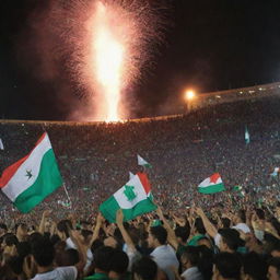 A large, animated crowd of proud Algerians waving national flags, cheering as their football team lifts the Africa Cup of Nations trophy aloft under a fireworks-lit sky of 2024.