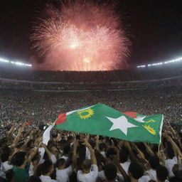 A large, animated crowd of proud Algerians waving national flags, cheering as their football team lifts the Africa Cup of Nations trophy aloft under a fireworks-lit sky of 2024.