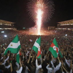 A large, animated crowd of proud Algerians waving national flags, cheering as their football team lifts the Africa Cup of Nations trophy aloft under a fireworks-lit sky of 2024.