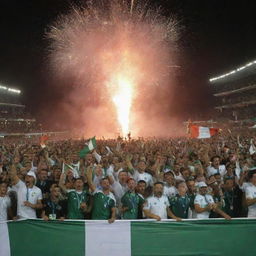 A large, animated crowd of proud Algerians waving national flags, cheering as their football team lifts the Africa Cup of Nations trophy aloft under a fireworks-lit sky of 2024.