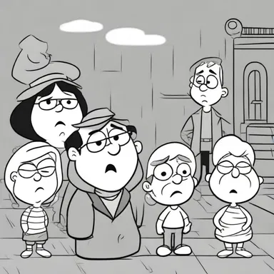 The gloomy weather in the cartoon matched the sad expressions of the characters.