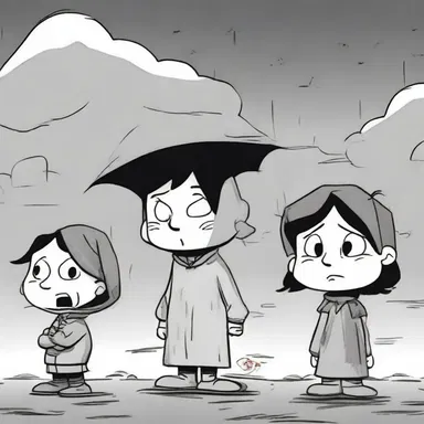 The gloomy weather in the cartoon matched the sad expressions of the characters.