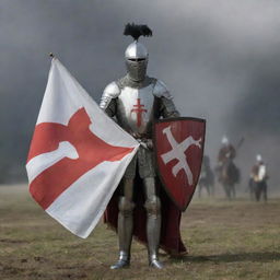 A knight with a shield in hand, standing in front of the Georgian flag amid a battle