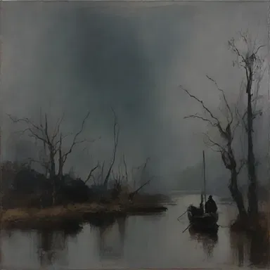 The artist used dark and muted colors to create a gloomy mood in the painting.