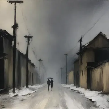 The artist used dark and muted colors to create a gloomy mood in the painting.