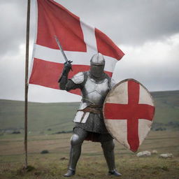 A knight with a shield in hand, standing in front of the Georgian flag amid a battle