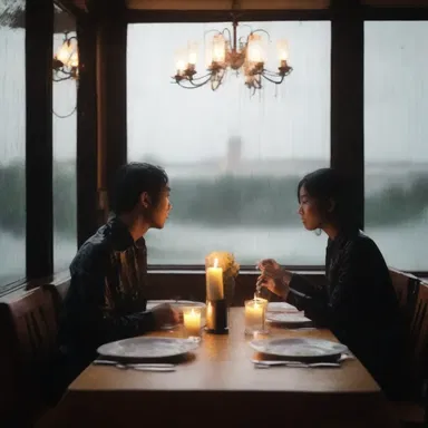 The rainy weather added to the gloomy ambiance of their romantic dinner.