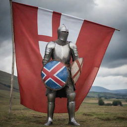 A knight with a shield in hand, standing in front of the Georgian flag amid a battle