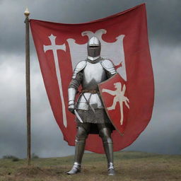 A knight with a shield in hand, standing in front of the Georgian flag amid a battle