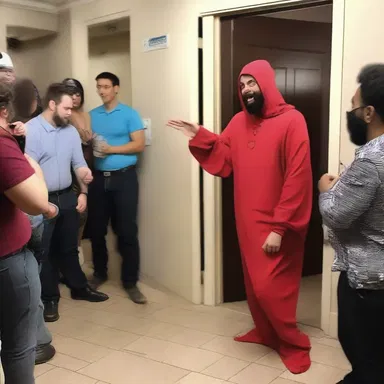 At the costume party, a guy dressed as a gate-crasher entered pretending he didn't know anyone, causing laughter among the guests.
