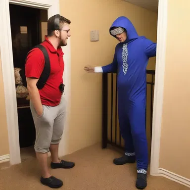 At the costume party, a guy dressed as a gate-crasher entered pretending he didn't know anyone, causing laughter among the guests.