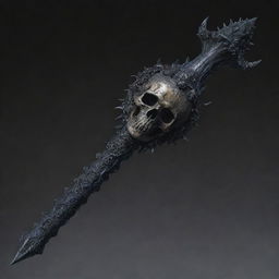 Generate a detailed picture of a death mace - an intimidating weapon with an ominous dark color scheme, adorned with skull motifs and swirling ghostly energy encompassing the spiked ball at the end.