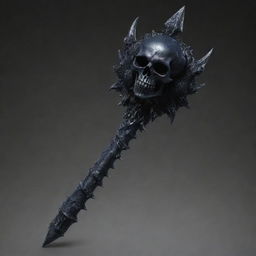 Generate a detailed picture of a death mace - an intimidating weapon with an ominous dark color scheme, adorned with skull motifs and swirling ghostly energy encompassing the spiked ball at the end.