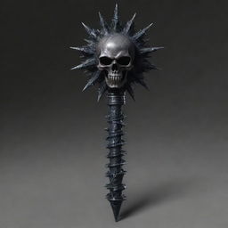 Generate a detailed picture of a death mace - an intimidating weapon with an ominous dark color scheme, adorned with skull motifs and swirling ghostly energy encompassing the spiked ball at the end.