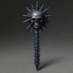 Generate a detailed picture of a death mace - an intimidating weapon with an ominous dark color scheme, adorned with skull motifs and swirling ghostly energy encompassing the spiked ball at the end.