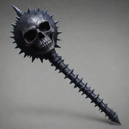 Generate a detailed picture of a death mace - an intimidating weapon with an ominous dark color scheme, adorned with skull motifs and swirling ghostly energy encompassing the spiked ball at the end.