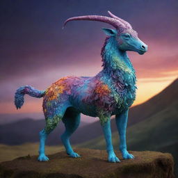 Craft an image of a unique mythical creature, embodying elements from various animals, bathed in mystical hues, standing majestically in an otherworldly landscape.