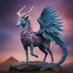 Craft an image of a unique mythical creature, embodying elements from various animals, bathed in mystical hues, standing majestically in an otherworldly landscape.