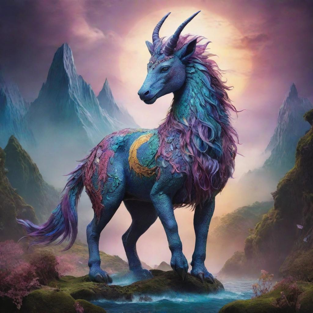 Craft an image of a unique mythical creature, embodying elements from various animals, bathed in mystical hues, standing majestically in an otherworldly landscape.