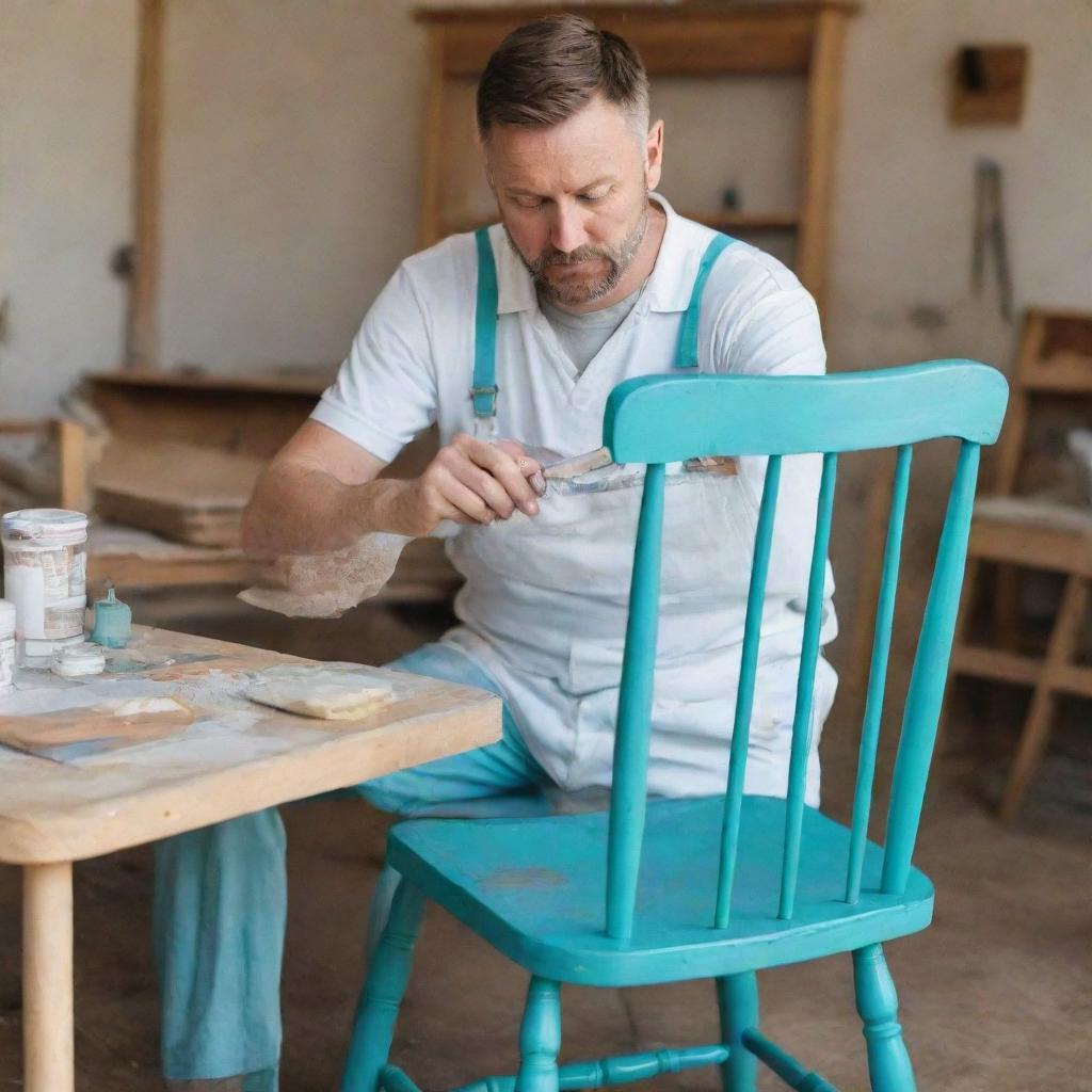 A furniture craftsman in white overalls, painting a chair in a stylish way with a turquoise paint