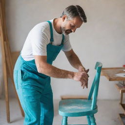 A furniture craftsman in white overalls, painting a chair in a stylish way with a turquoise paint