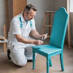 A furniture craftsman in white overalls, painting a chair in a stylish way with a turquoise paint