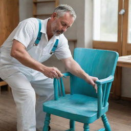 A furniture craftsman in white overalls, painting a chair in a stylish way with a turquoise paint