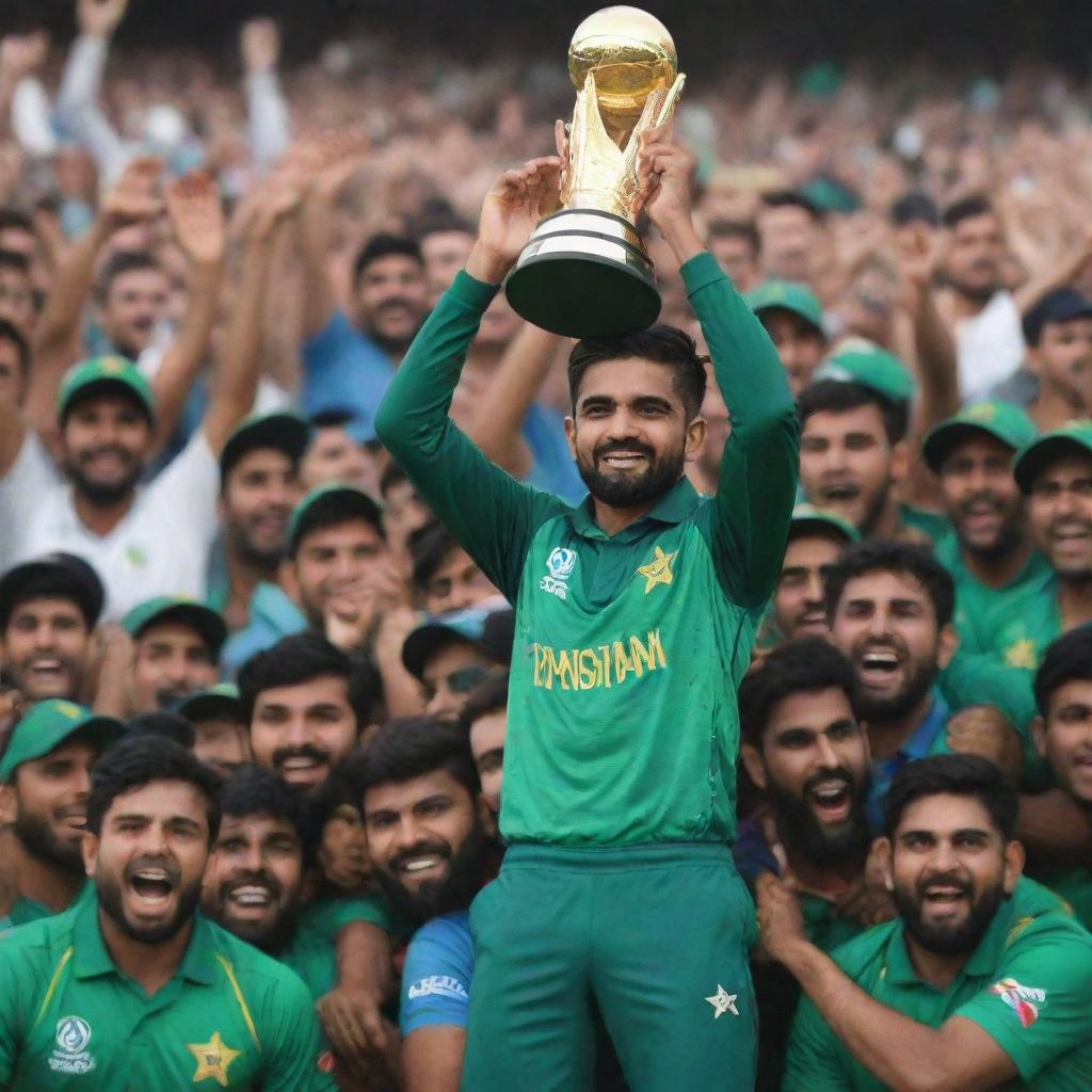 Babar Azam, Pakistani cricketer, joyfully holding the 2023 Cricket World Cup trophy aloft, in his cricket uniform, amidst a crowd of ecstatic fans