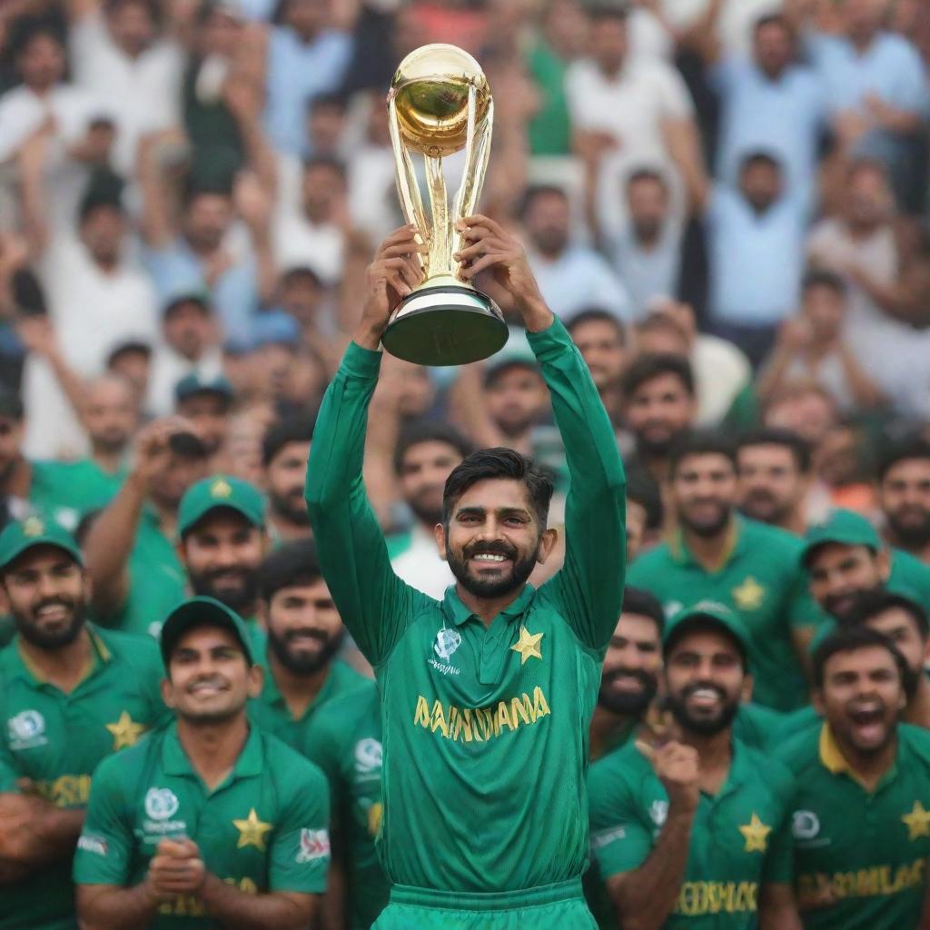 Babar Azam, Pakistani cricketer, joyfully holding the 2023 Cricket World Cup trophy aloft, in his cricket uniform, amidst a crowd of ecstatic fans