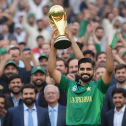 Babar Azam, Pakistani cricketer, joyfully holding the 2023 Cricket World Cup trophy aloft, in his cricket uniform, amidst a crowd of ecstatic fans