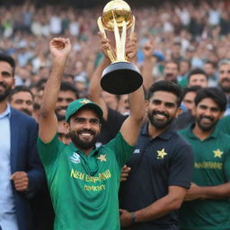 Babar Azam, Pakistani cricketer, joyfully holding the 2023 Cricket World Cup trophy aloft, in his cricket uniform, amidst a crowd of ecstatic fans