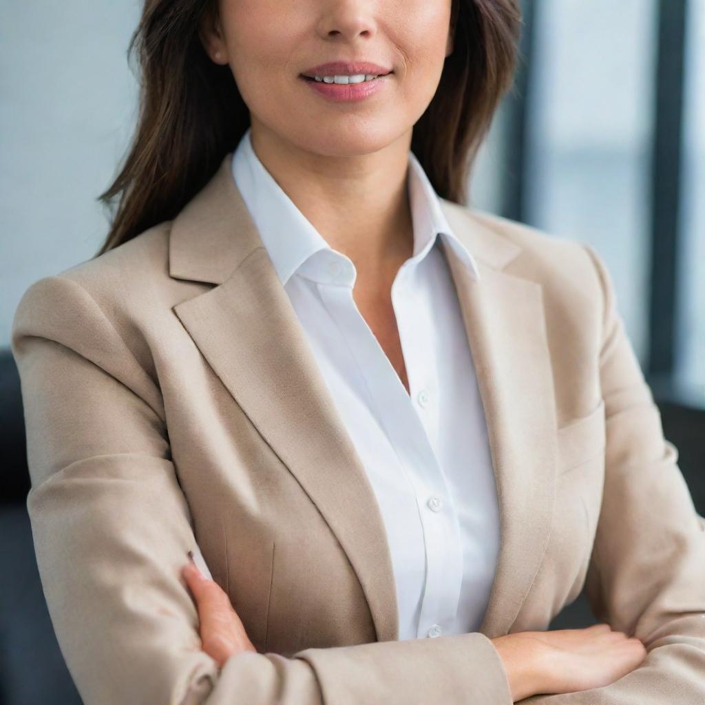 A detailed close-up view of a professional female assistant in a professional attire.