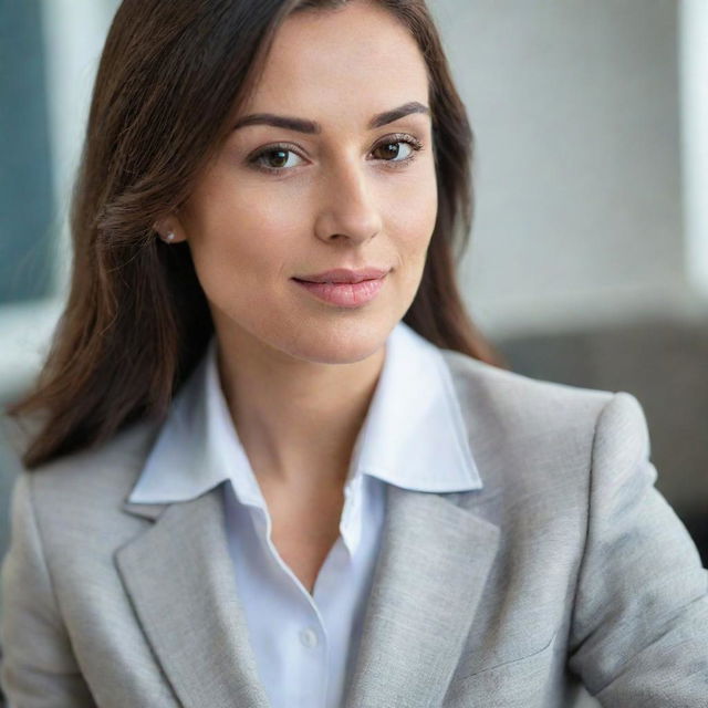 A detailed close-up view of a professional female assistant in a professional attire.