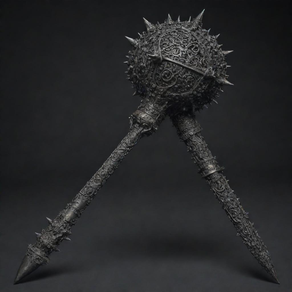 A highly detailed death mace, menacingly forged with dark metal and adorned with intricate patterns and spikes.