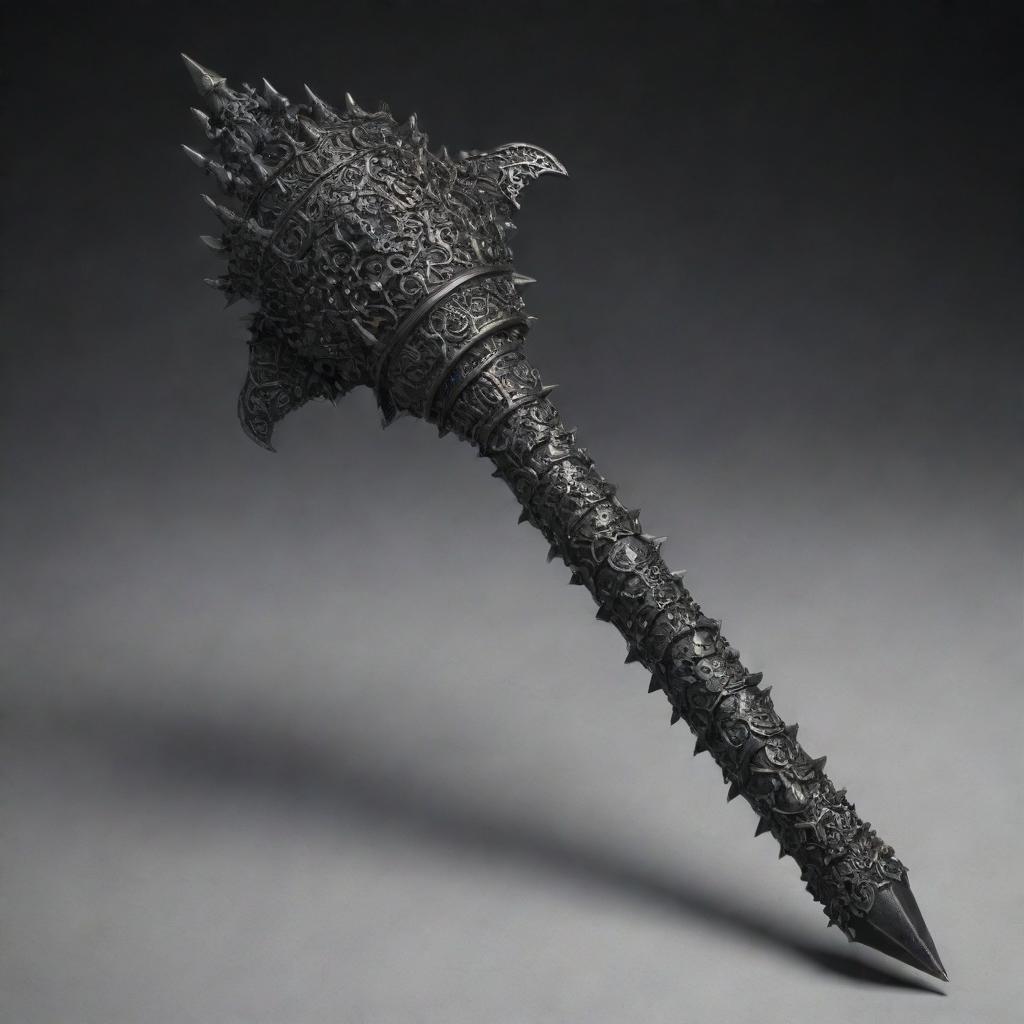 A highly detailed death mace, menacingly forged with dark metal and adorned with intricate patterns and spikes.