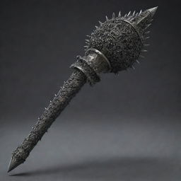 A highly detailed death mace, menacingly forged with dark metal and adorned with intricate patterns and spikes.