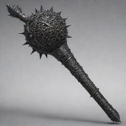 A highly detailed death mace, menacingly forged with dark metal and adorned with intricate patterns and spikes.