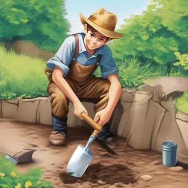 In the novel, the main character stumbled upon a buried treasure while using a mattock to dig in the garden.