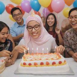 A joyous young Indonesian woman wearing a headscarf and glasses, happily cutting a birthday cake in a room adorned with people, gifts, and festive decorations.