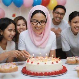 A joyous young Indonesian woman wearing a headscarf and glasses, happily cutting a birthday cake in a room adorned with people, gifts, and festive decorations.