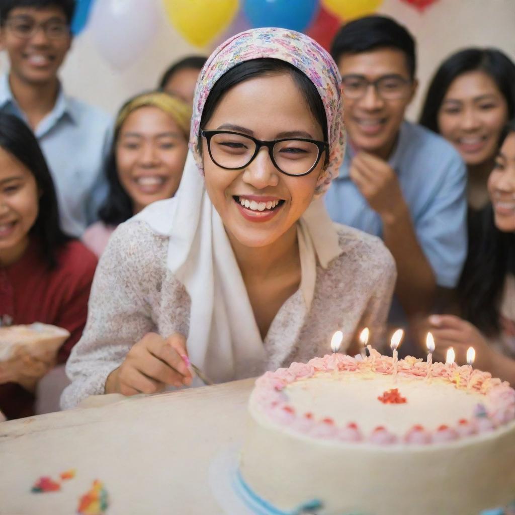 A joyous young Indonesian woman wearing a headscarf and glasses, happily cutting a birthday cake in a room adorned with people, gifts, and festive decorations.