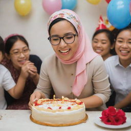 A joyous young Indonesian woman wearing a headscarf and glasses, happily cutting a birthday cake in a room adorned with people, gifts, and festive decorations.