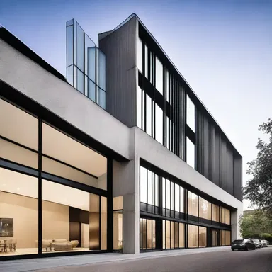 The modernist architecture of this building emphasizes sleek lines and slimness.