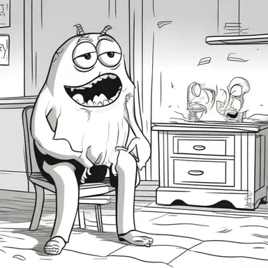 In the cartoon, the character's eyes widened and he held tight to his chair in fear of the approaching monster.