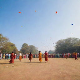 Vibrant and colorful Sankranti festival celebration with kites flying in the sky, bonfires, Rangoli designs on the ground and people in traditional Indian attire